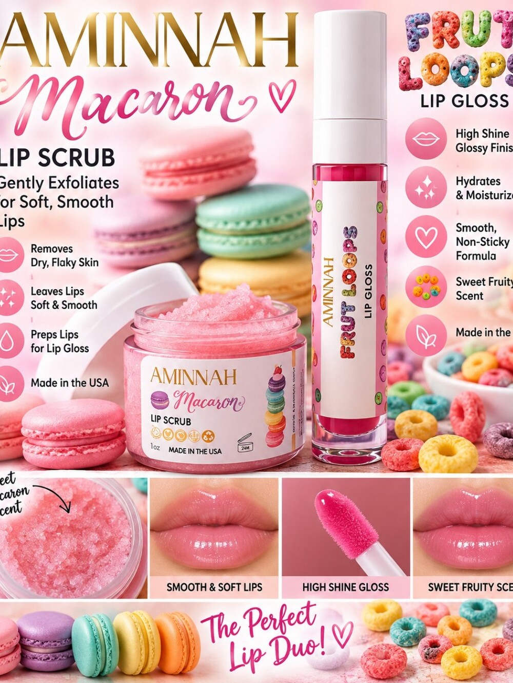Aminnah Macaron Pink Lip Scrub OR Fruit Loops Pink Lip Gloss - Pick 1